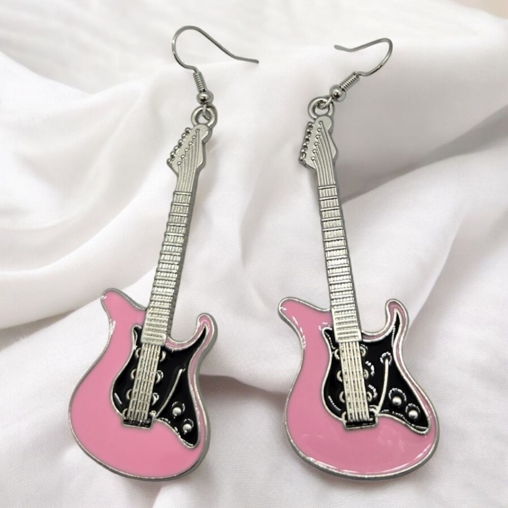 Pink Guitar 🎸Earrings Long Dangle Pierced Ears Bass Electric Musician Jewelry
